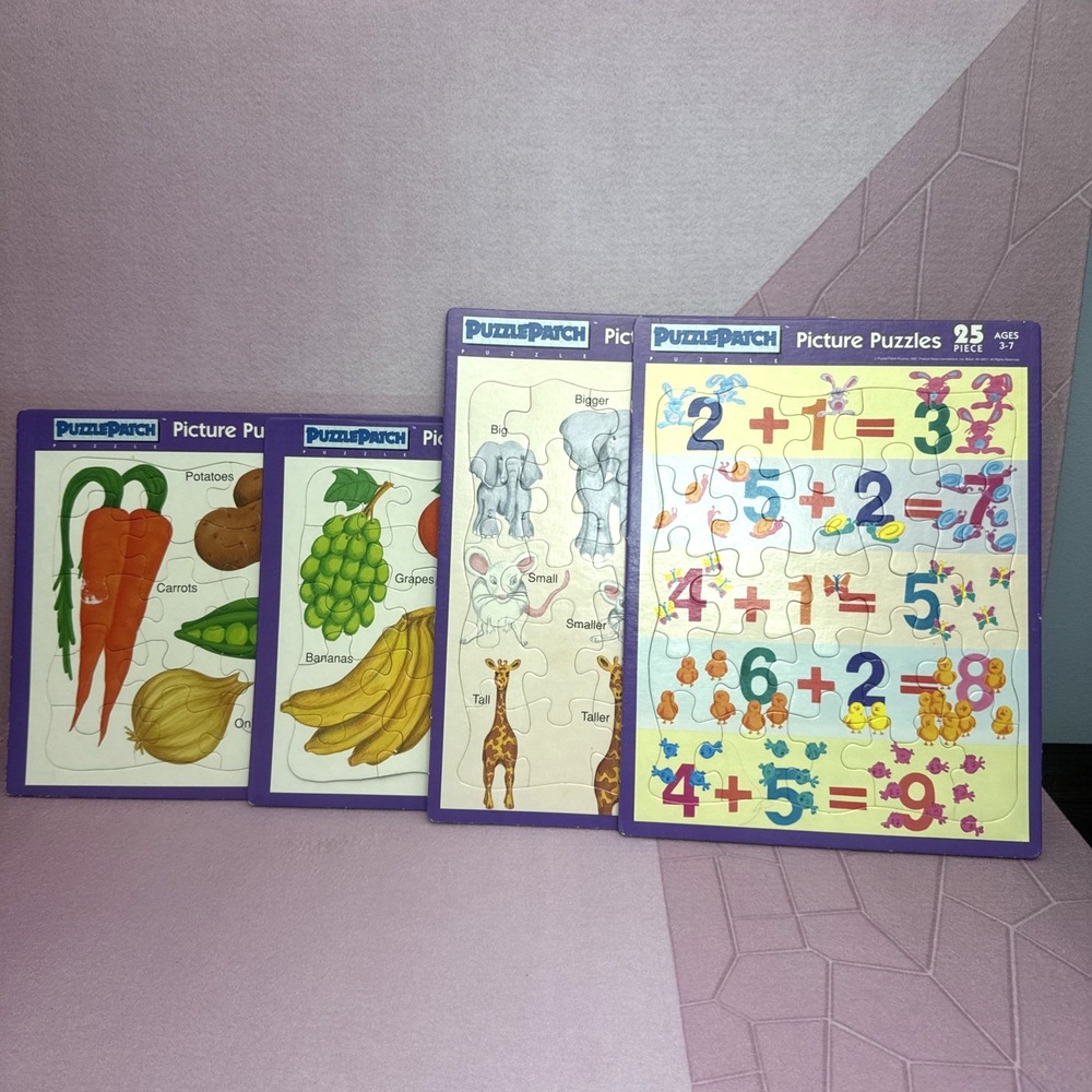 4 Puzzle Patch 25 pc Picture Puzzle 1992 Fruit Veggie Animals Math Pre K Age 3-7